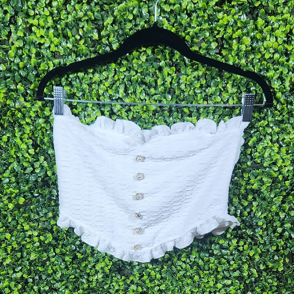 White Button Up Crop Top Sweetheart Neckline Size Large
